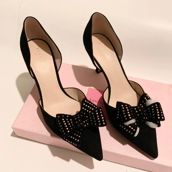 KATE SPADE Sterling Studded Bow Pointed Toe Pumps D’Orsay Black Dress Shoes 9 - Picture 8 of 11